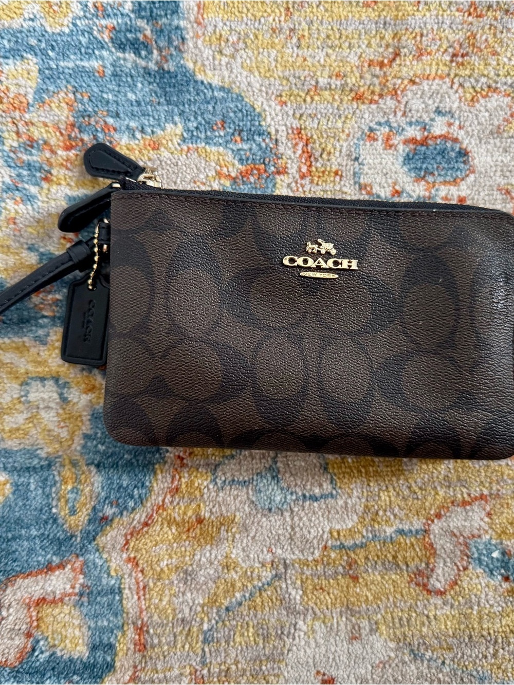 Coach Dark Brown Signature Canvas Wristlet with Gold Logo